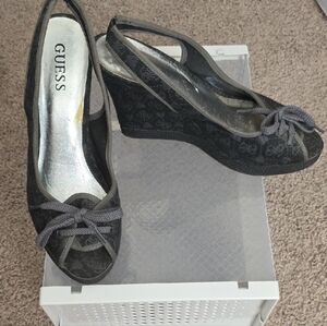 GUESS Black Wedge Shoes with Bow Detail
